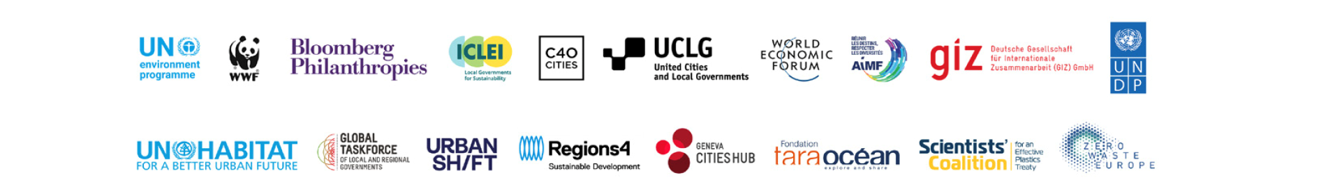 a grid of the logos of organizations that partnered on the paris international forum to end plastic pollution in cities