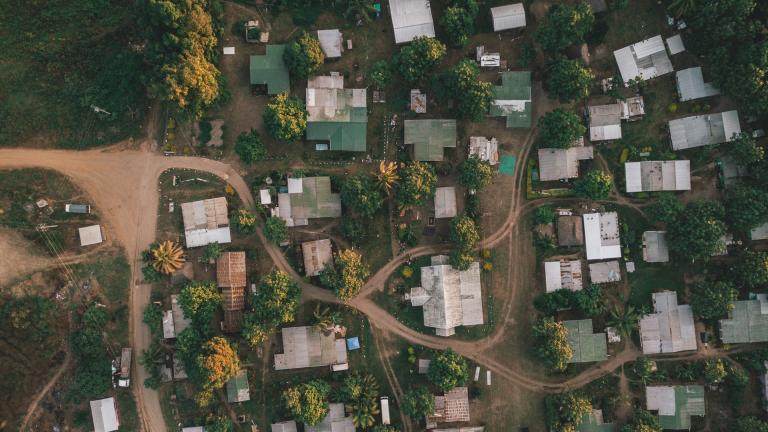 an aerial view of a green city