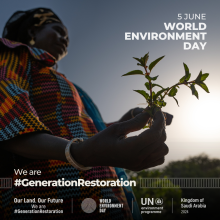 an image for World Environment Day. A person holds a plant sprout against a gently lit sky, and #GenerationRestoration is visible in the foreground.